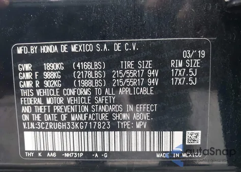 2019 Honda Hr-V Lx z USA, uszkodzony, nr VIN 3CZRU6H33KG717823